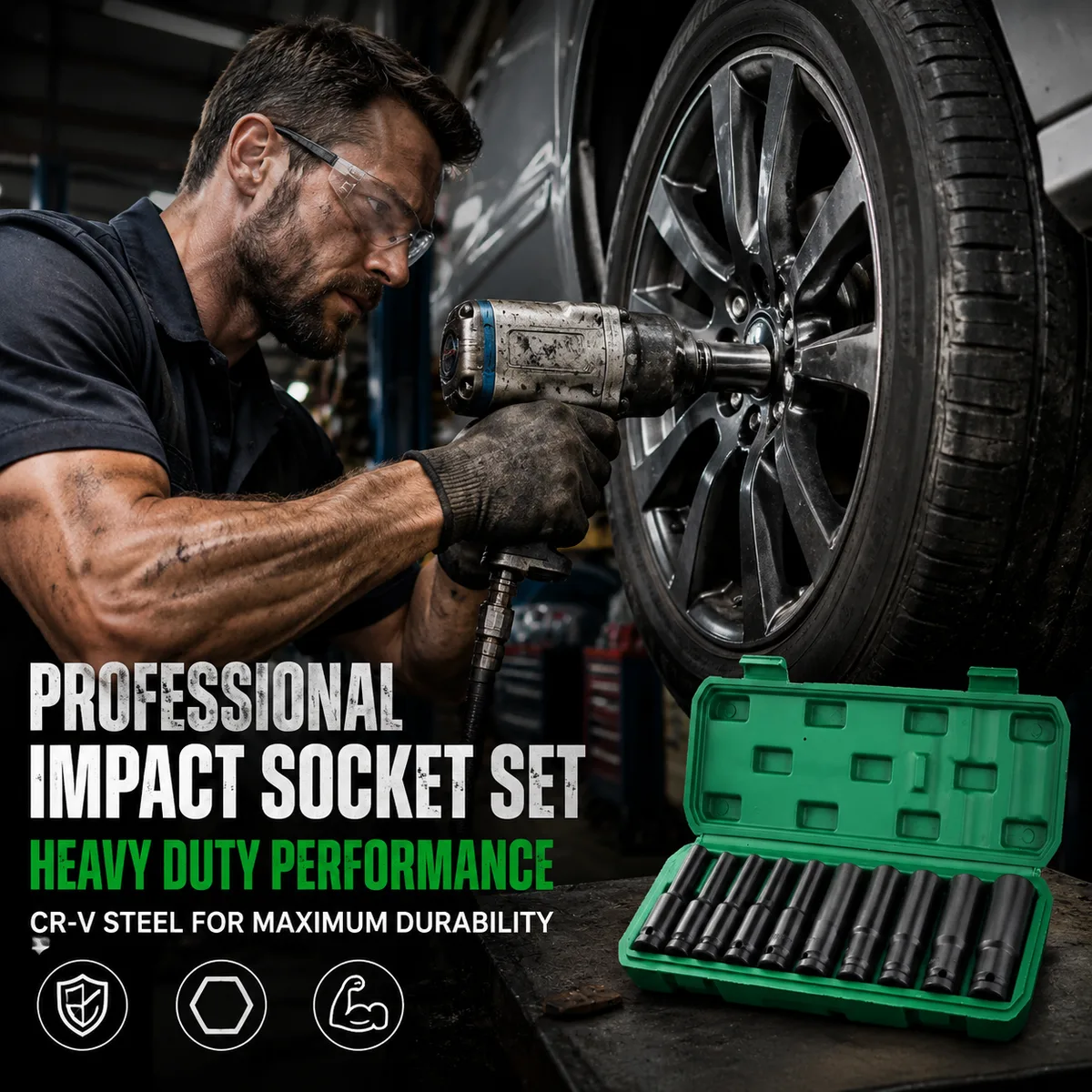 10pcs Black Long Style Hexagon Socket Wrench Set 8-24mm Electric Wrench Tool OEM Customizable Car Repair Tools with Box image 3