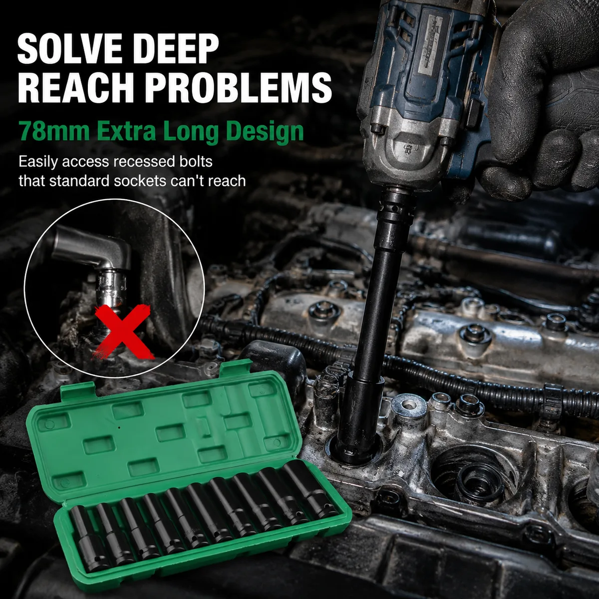 10pcs Black Long Style Hexagon Socket Wrench Set 8-24mm Electric Wrench Tool OEM Customizable Car Repair Tools with Box image 5