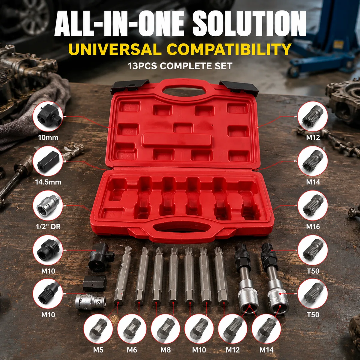 13Pcs Hand Operated OEM Freewheel Pulley Removal Set for Generator and Freewheel Pulley Belt Removal Tool Set image 6