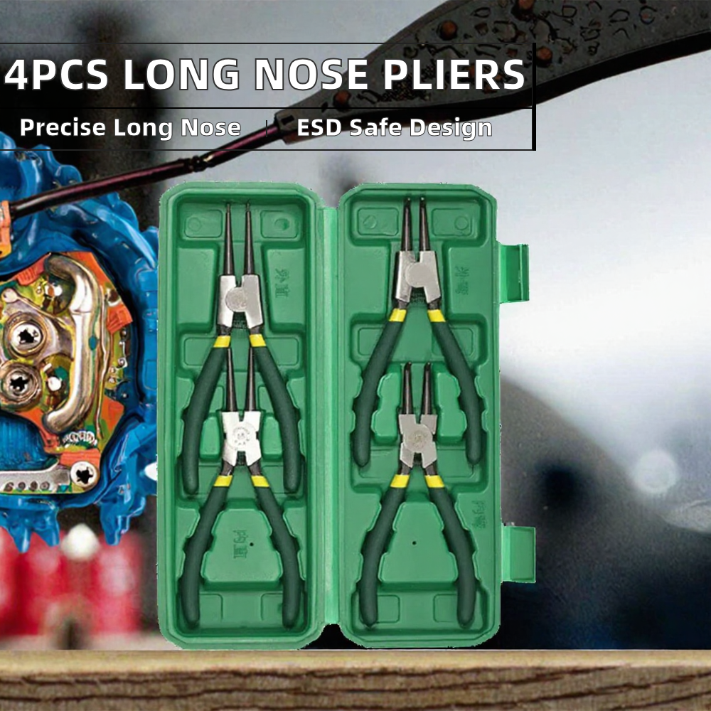4 Piece Long Nose Circlip Pliers Set Metric Industrial Cutting Pliers Jaw Bend 30 Degree Plastic Molded Handle image 2