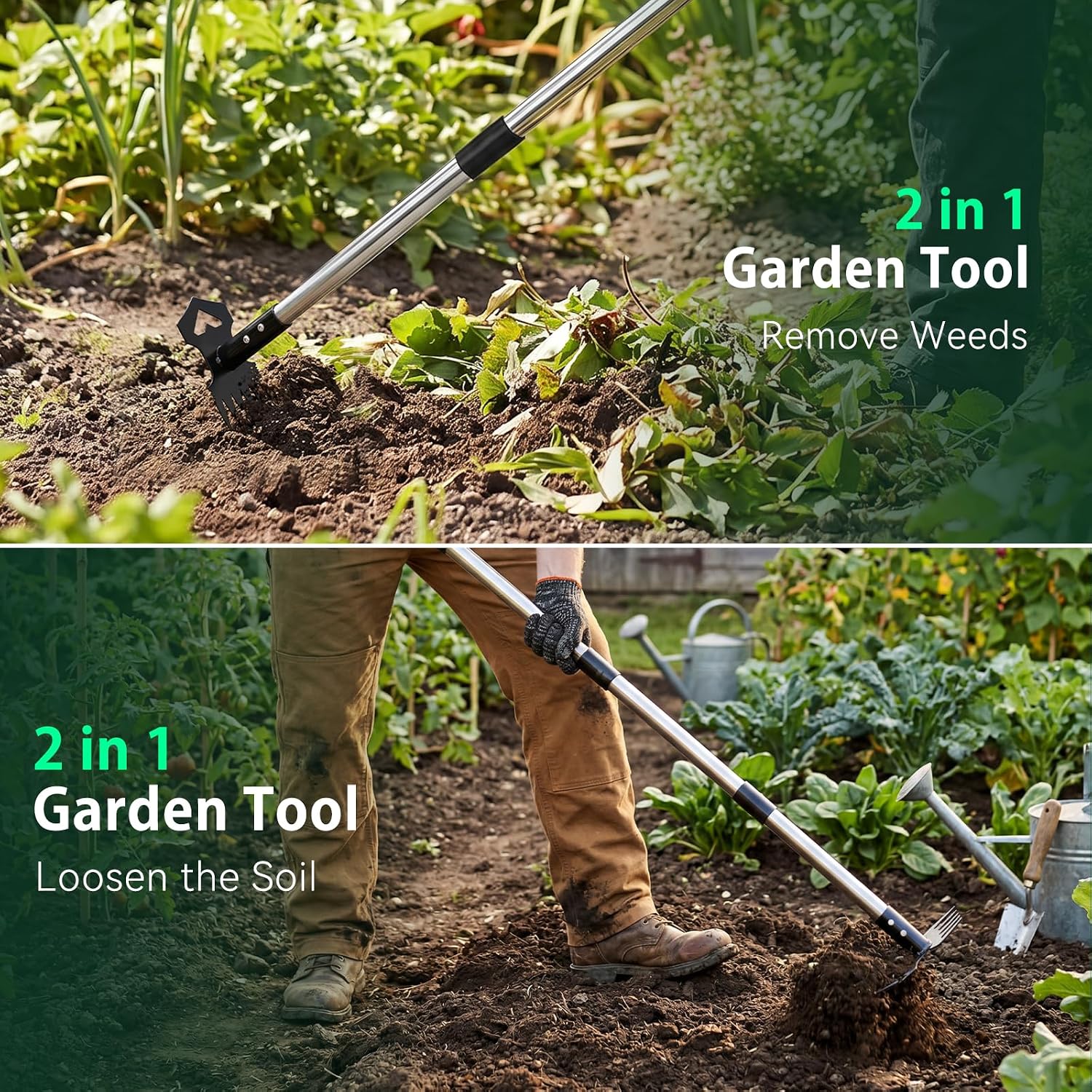 60" Long Handle 2-in-1 Weed Puller Rake Hoe Stainless Steel Handle Heavy Duty Manual Garden Weeder for Yard Lawn Patio image 2