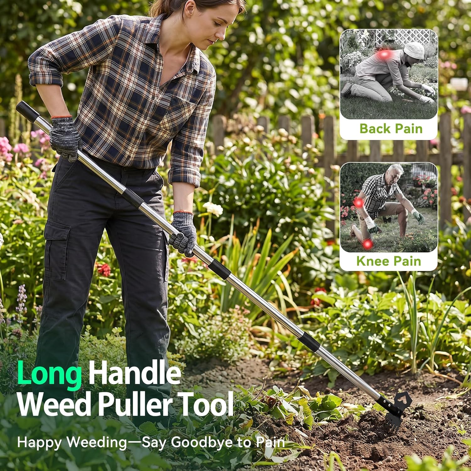 60" Long Handle 2-in-1 Weed Puller Rake Hoe Stainless Steel Handle Heavy Duty Manual Garden Weeder for Yard Lawn Patio image 3