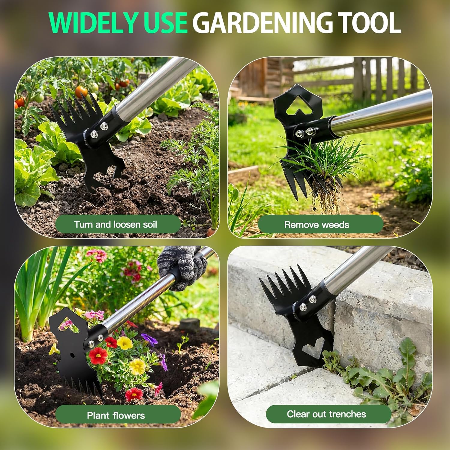 60" Long Handle 2-in-1 Weed Puller Rake Hoe Stainless Steel Handle Heavy Duty Manual Garden Weeder for Yard Lawn Patio image 5