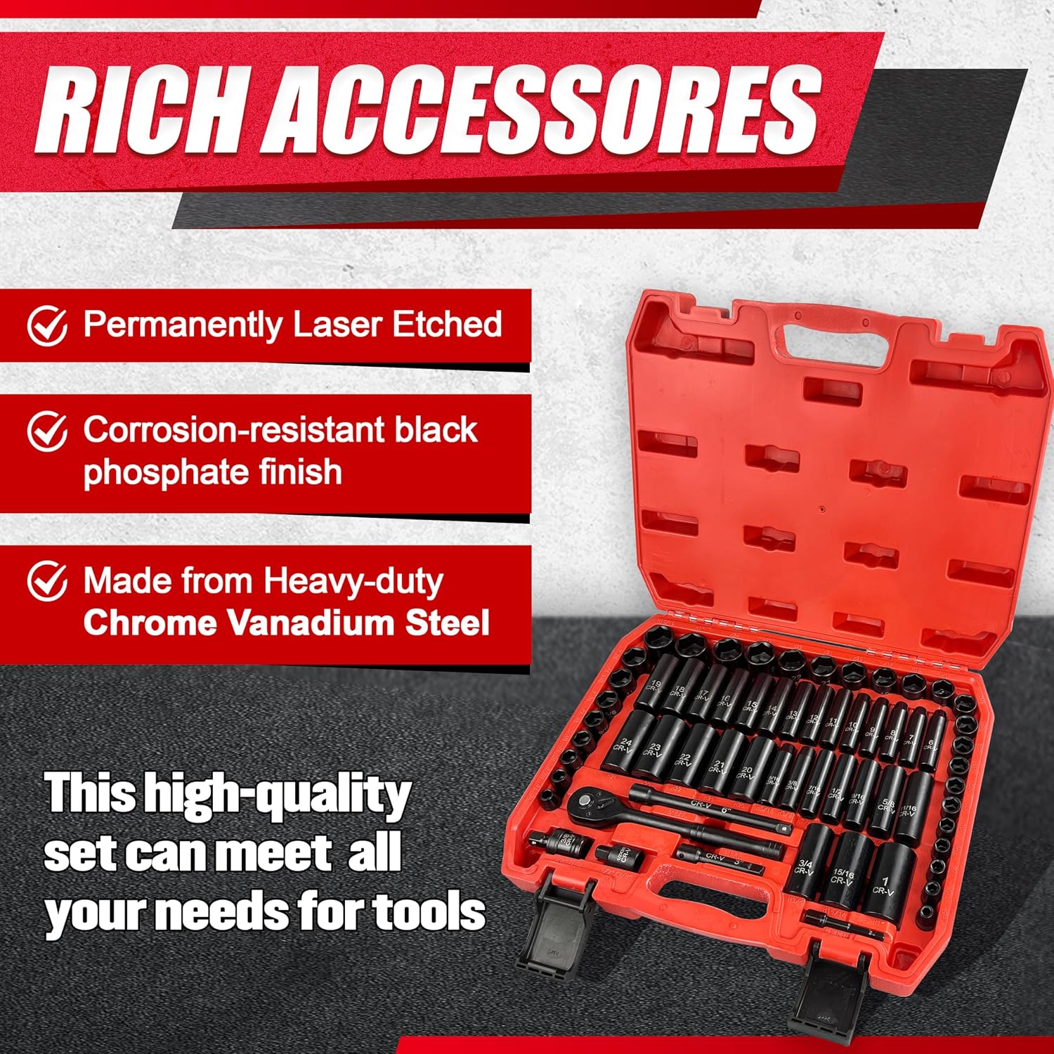64pcs 3/8" Drive Impact Socket Set SAE/Metric Chrome Vanadium Steel Deep Shallow Includes Ratchet Handle Adapters Extension Bars image 5