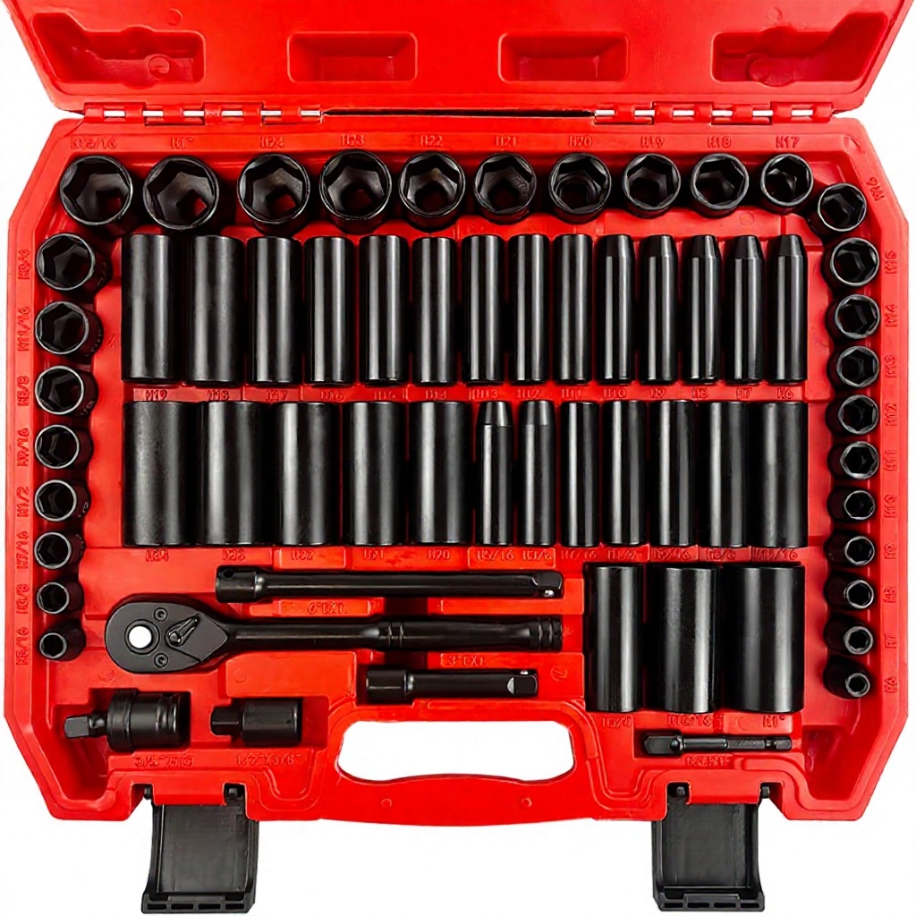 64pcs 3/8" Drive Impact Socket Set SAE/Metric Chrome Vanadium Steel Deep Shallow Includes Ratchet Handle Adapters Extension Bars