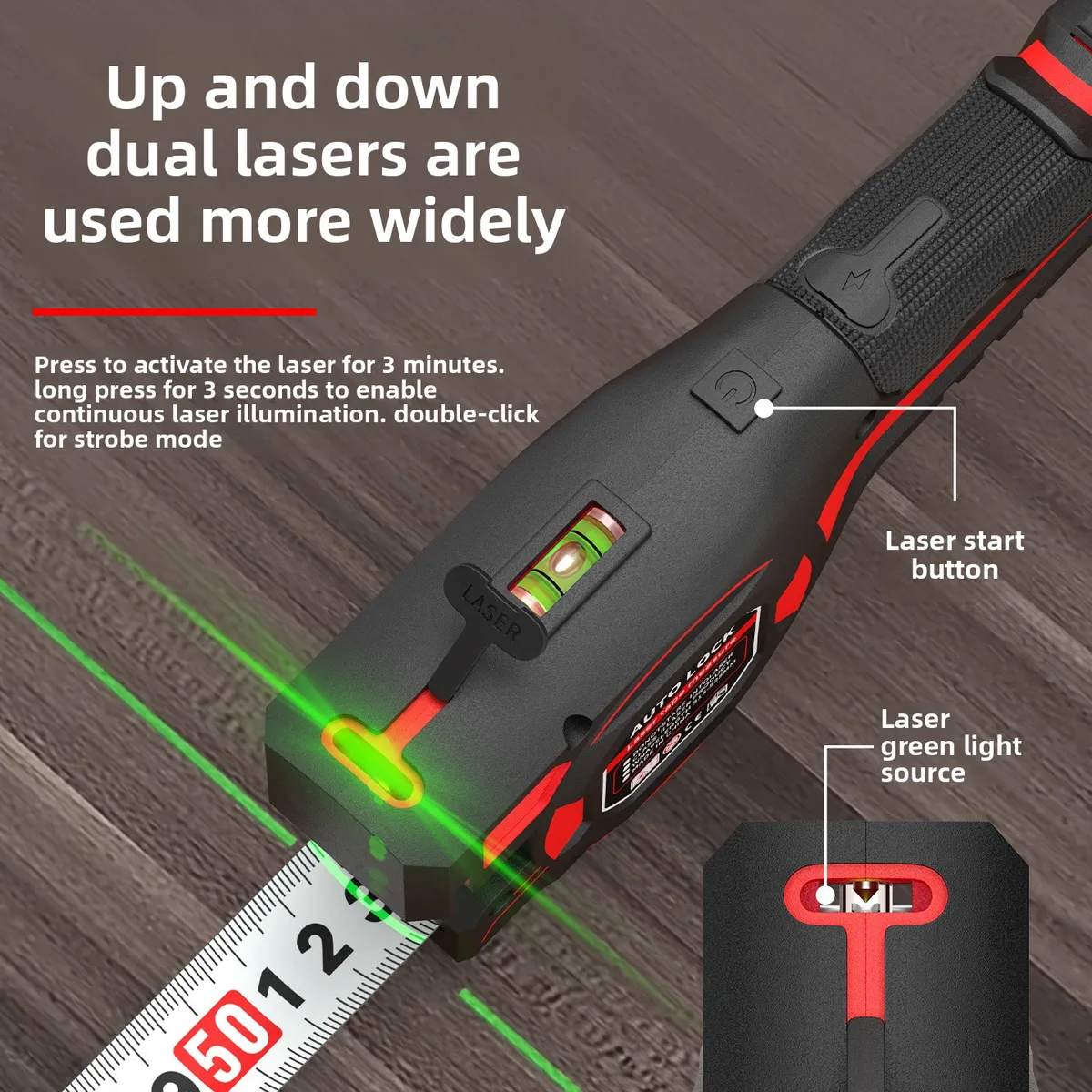 All-in-One Professional 5m Metric Self-Winding Measuring Tape with Auto Lock and Laser Distance Ranging Green Laser Tool image 7