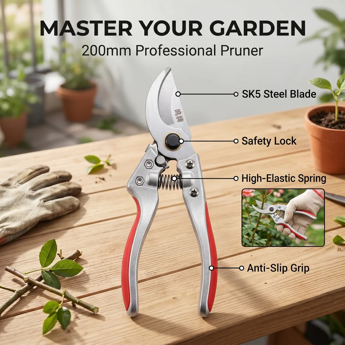 Classic High Performance Garden Scissors China Made Hand Pruner SK5 Blade Anti-Slip Grip PTFE Coated Tree Trimmer image 7
