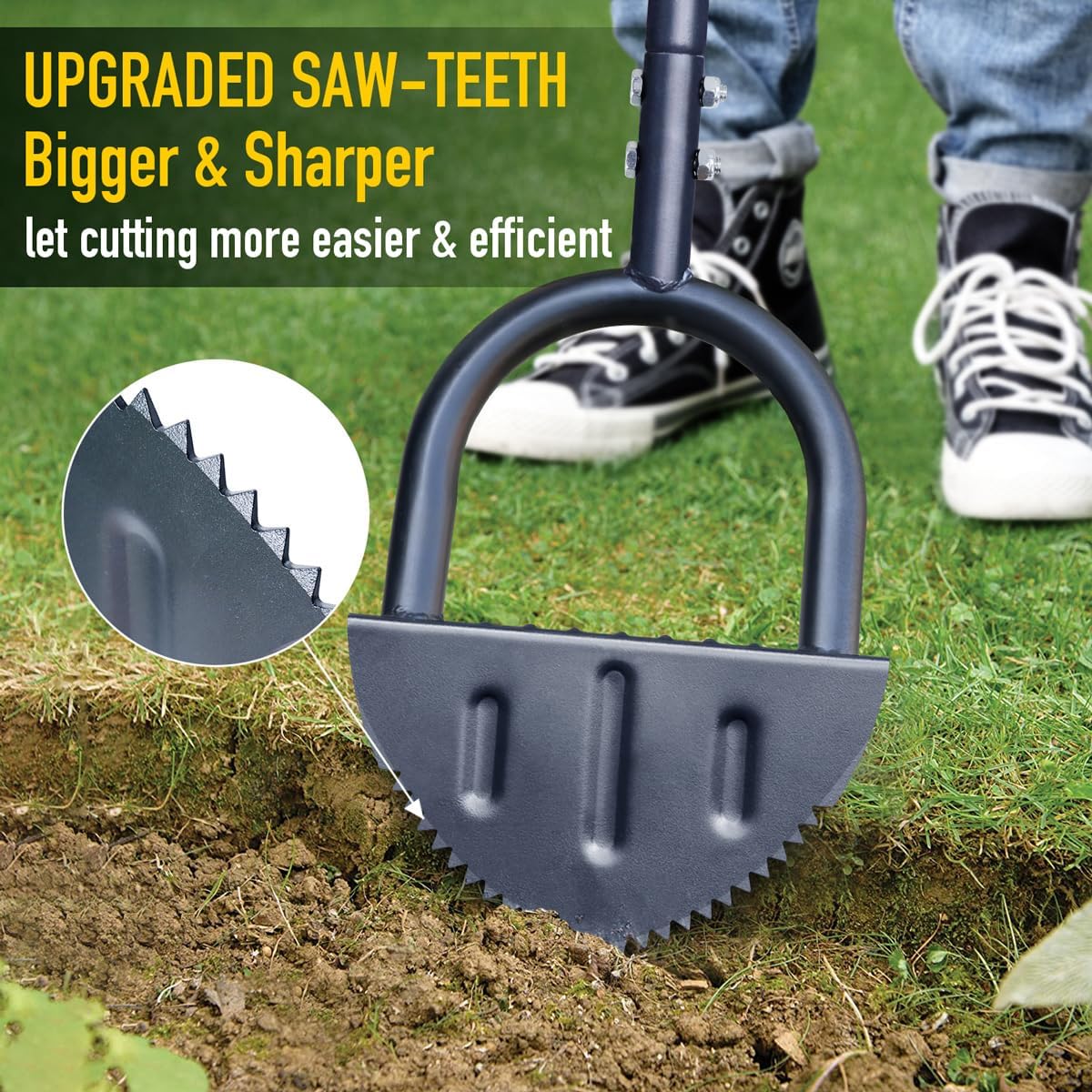 Colwelt DIY Manual Saw-Tooth Edger with Half Moon Design T-Grip Steel Handle 38-Inch Carbon Steel Sidewalk Grass Edging Tool image 3