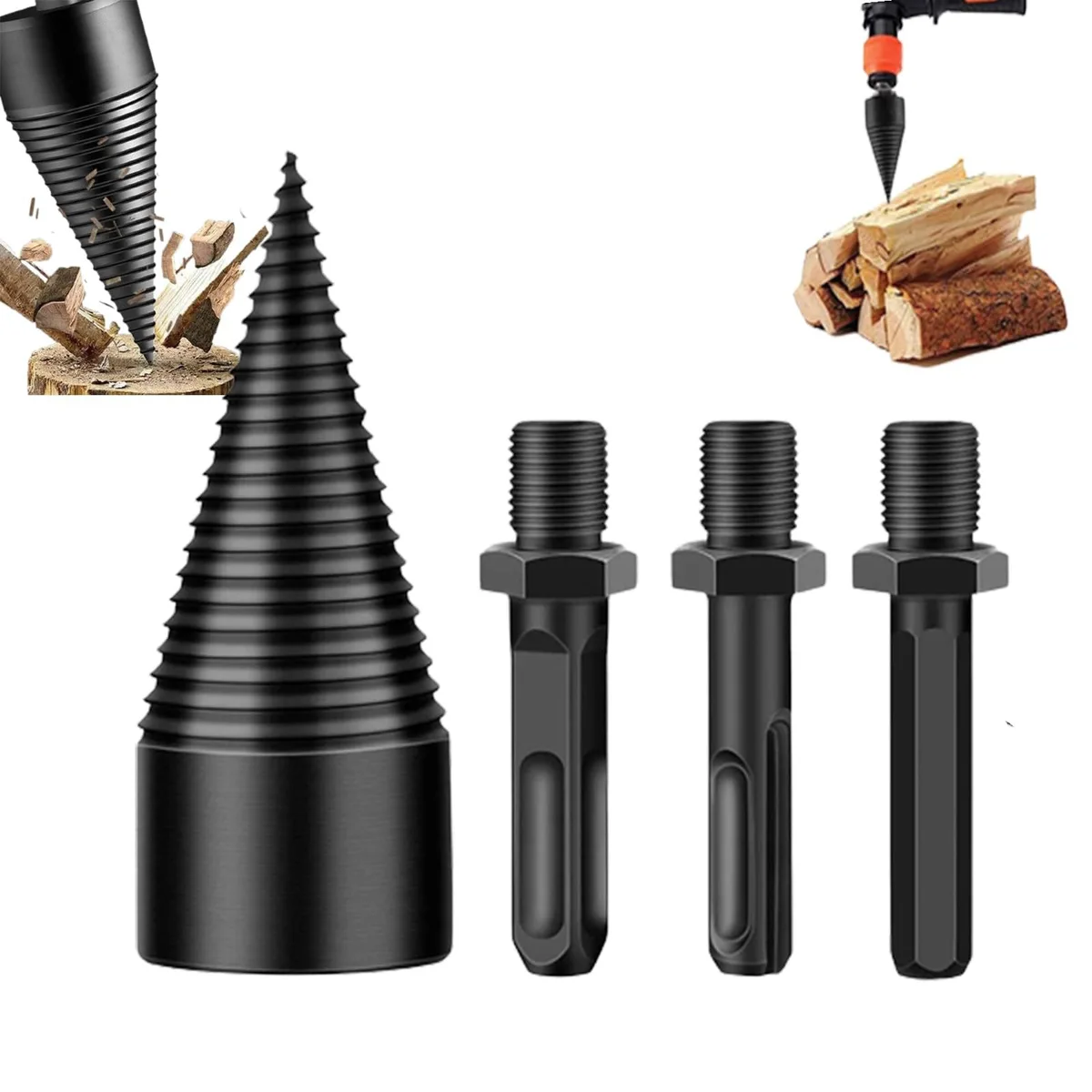 Electric Hammer Drill & Impact Drill Firewood-Splitting Tool with Splitting Cone and Drill Bit Square/Hex Shank Multi-Length image 2