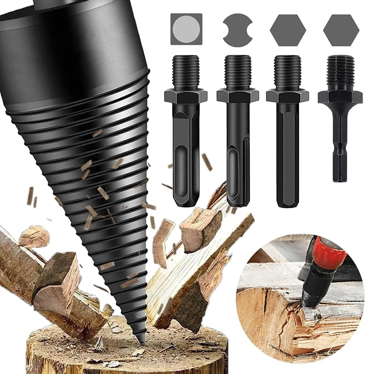 Electric Hammer Drill & Impact Drill Firewood-Splitting Tool with Splitting Cone and Drill Bit Square/Hex Shank Multi-Length image 3