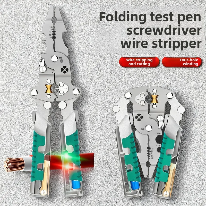 Folding Voltage Tester Screwdriver Wire Stripper Cable Divider Winding Tool Crimping Pliers High-Carbon Steel Folding image 2