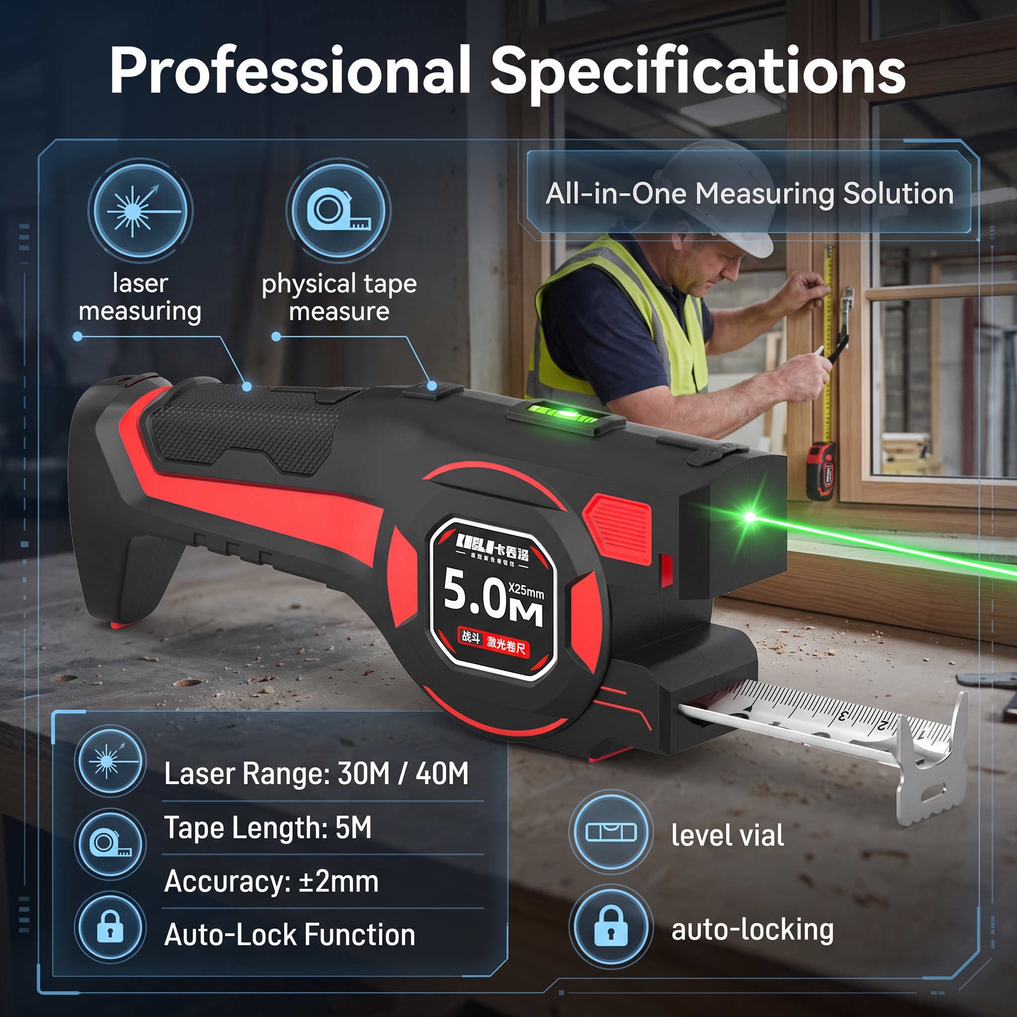 High-Precision 2-in-1 Laser Tape Measure5m Range 0.1m Accuracy LightweightCombines Steel Tape Laser Distance Measurement image 4