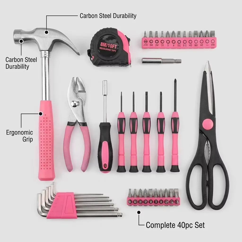 Professional 40-Piece Carbon Steel Household Hand Tool Set with Hard Carry Case - DIY Mechanic Repair Tool Kit for Home & Garage image 3