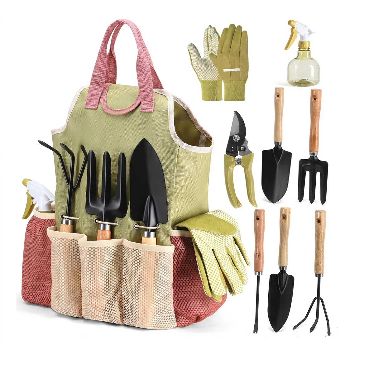 For Cross-Border Outdoor Gardening Tool Set Scissors Gift Kit Spray Bottle Gloves Trowel Hand Rake Pruning Shears-Wood Metal image 2