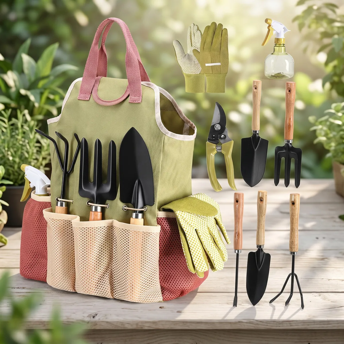 For Cross-Border Outdoor Gardening Tool Set Scissors Gift Kit Spray Bottle Gloves Trowel Hand Rake Pruning Shears-Wood Metal image 7