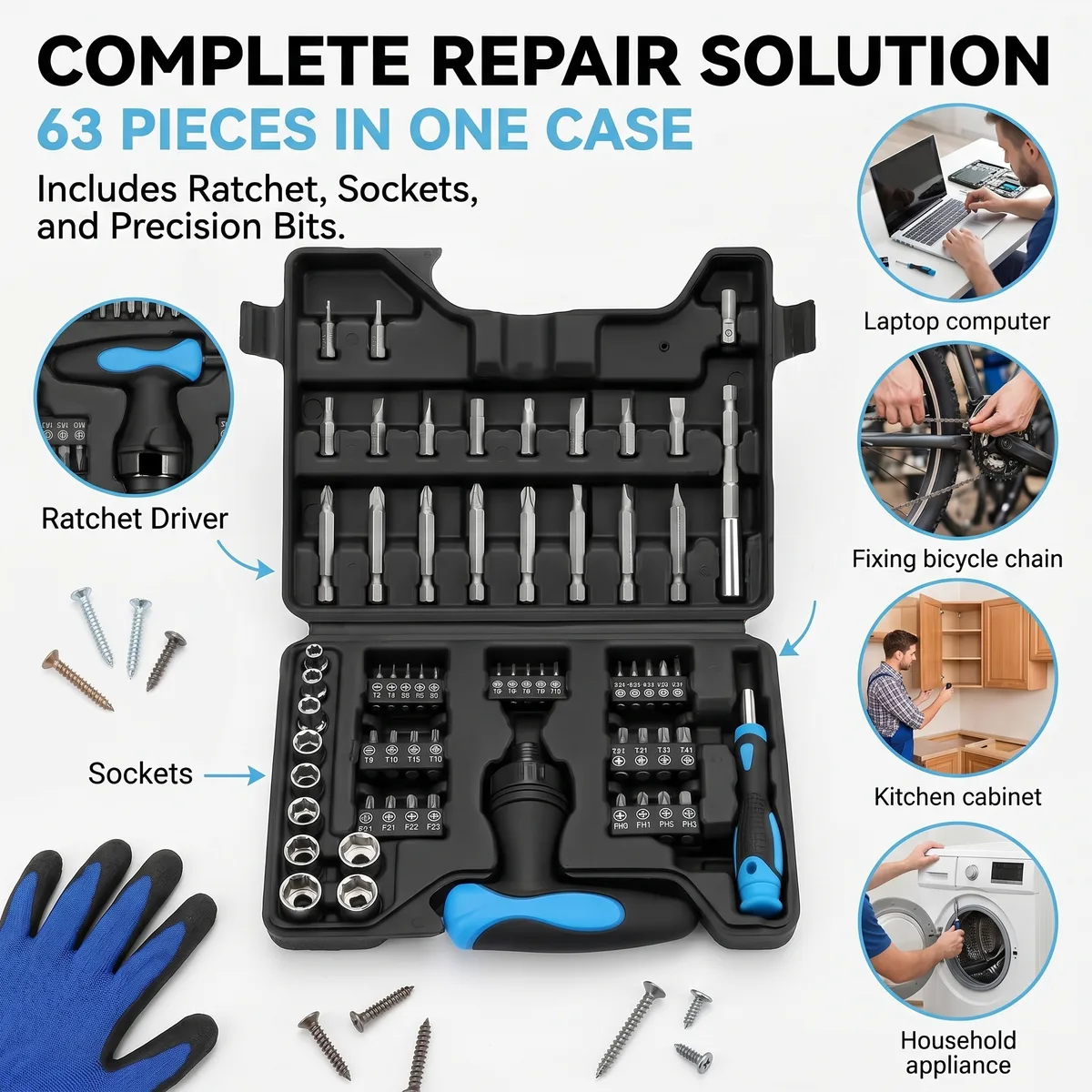 Tool Kit Repair Torx 63pcs Plastic Chrome Versatile image 7