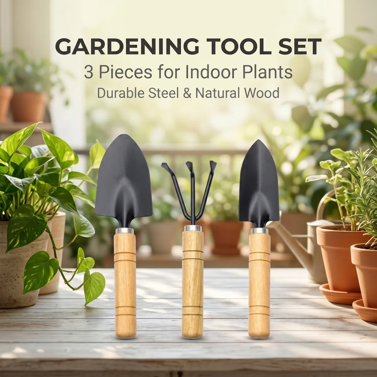 Gardening Three-Piece Set Wood Handle Thick Handles Iron Blade Planting Trowel Garden Spade Indoor Flower-Pot Tool image 5
