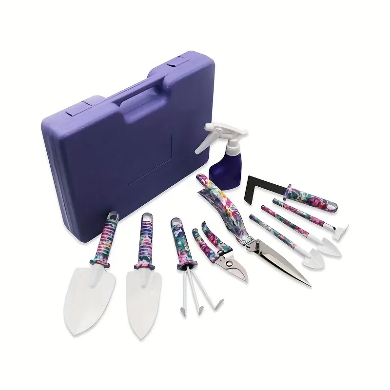 Ergonomic Handle Steel Blade Gardening Tool Kits Women 10pcs Purple Shovel Sprayer Rake Soft Case OEM Customizable 1 Year image 4
