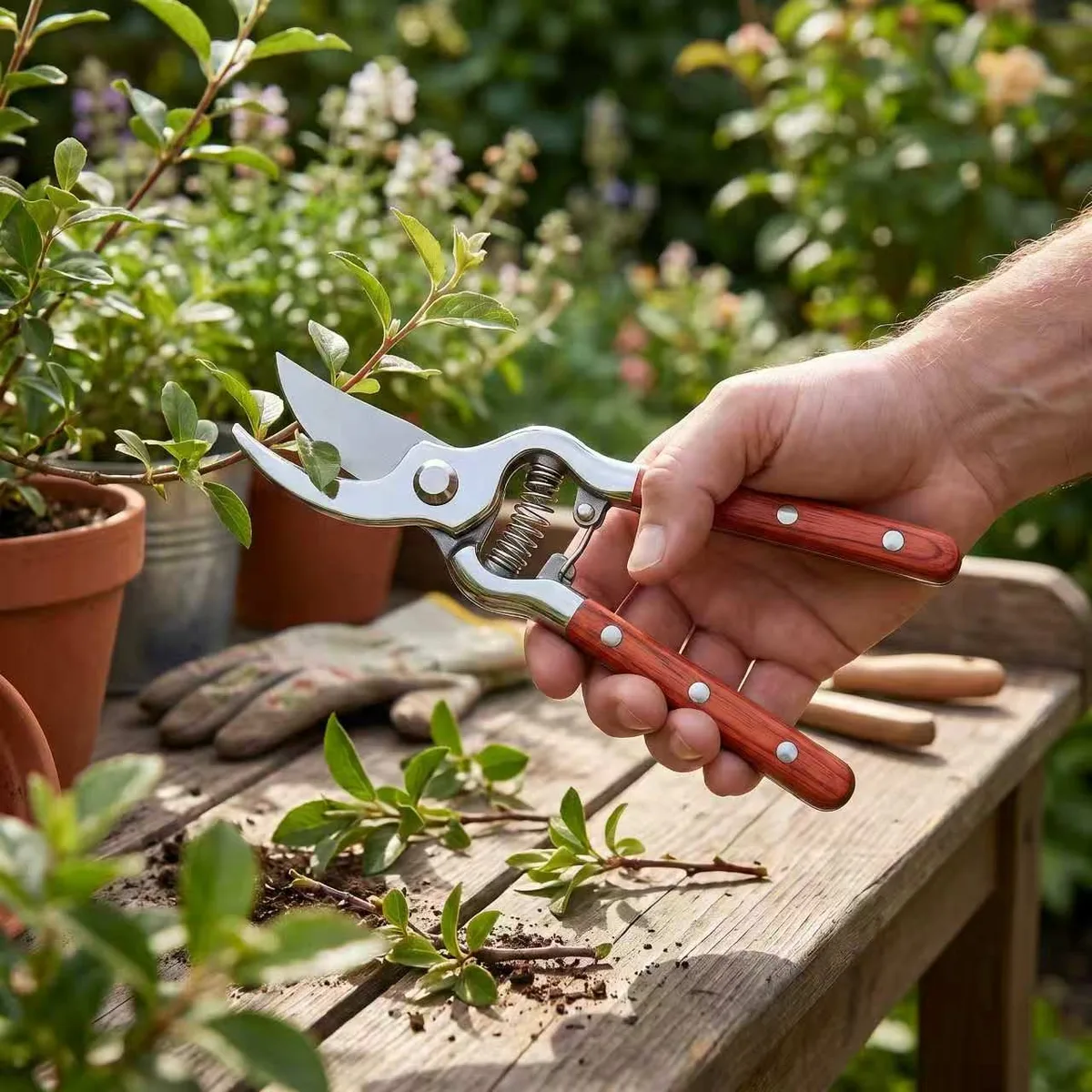 Wood DIY Bypass Ratchet Hand Pruner with Anti-Slip Wooden Handle and Right-Handed Design OEM image 3