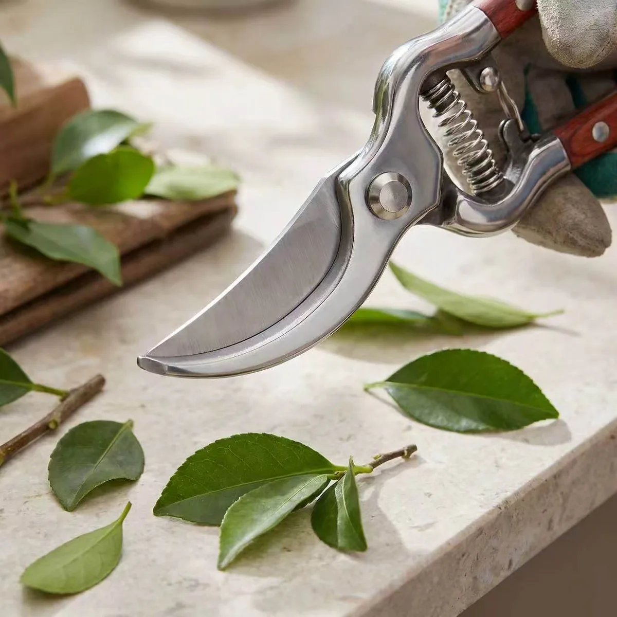 Wood DIY Bypass Ratchet Hand Pruner with Anti-Slip Wooden Handle and Right-Handed Design OEM image 4